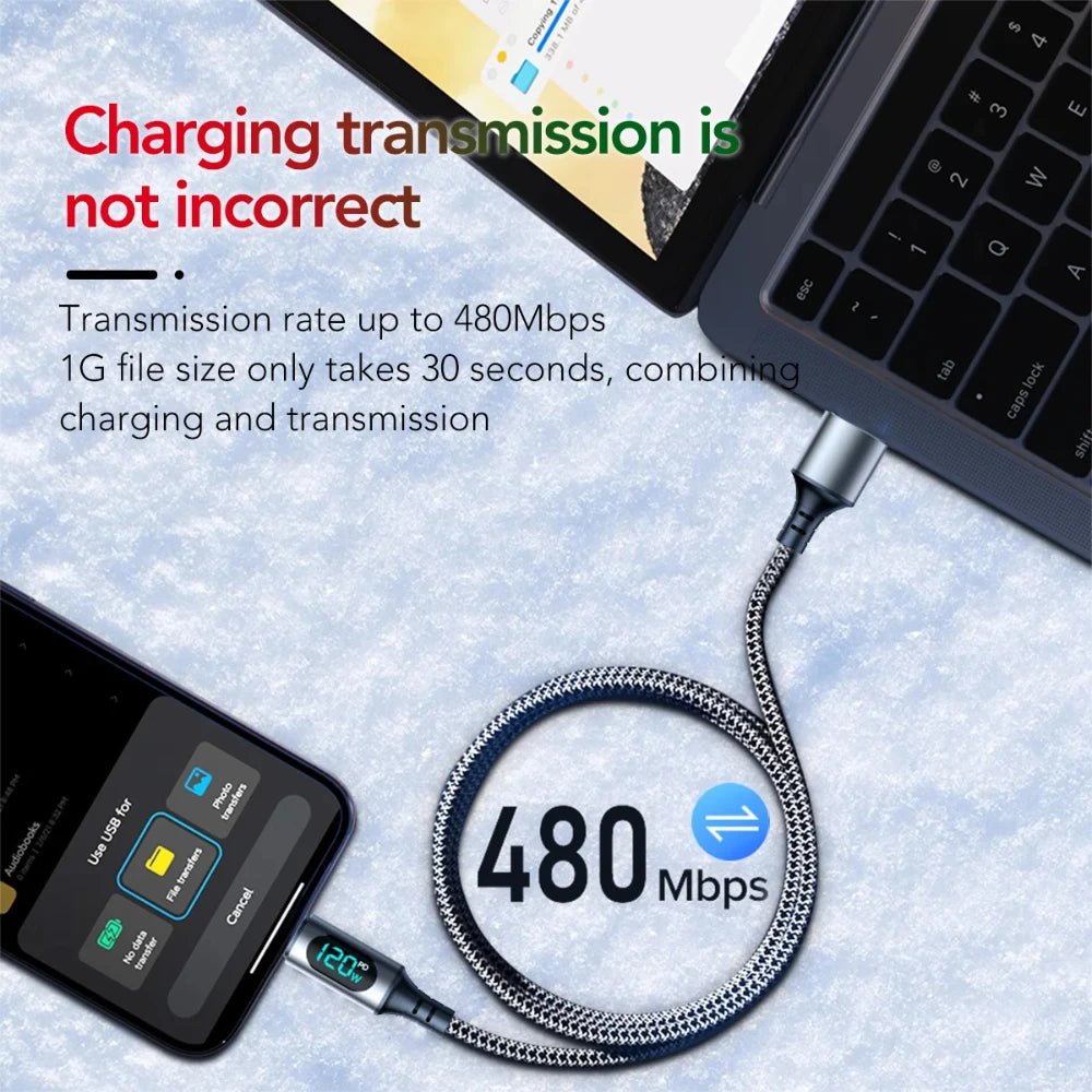 NNBILI 120W 6A Super Fast Charging USB-C Cable with LED Display | Type-C Charger for Xiaomi, Huawei, Samsung – 1M/2M Data Cord
