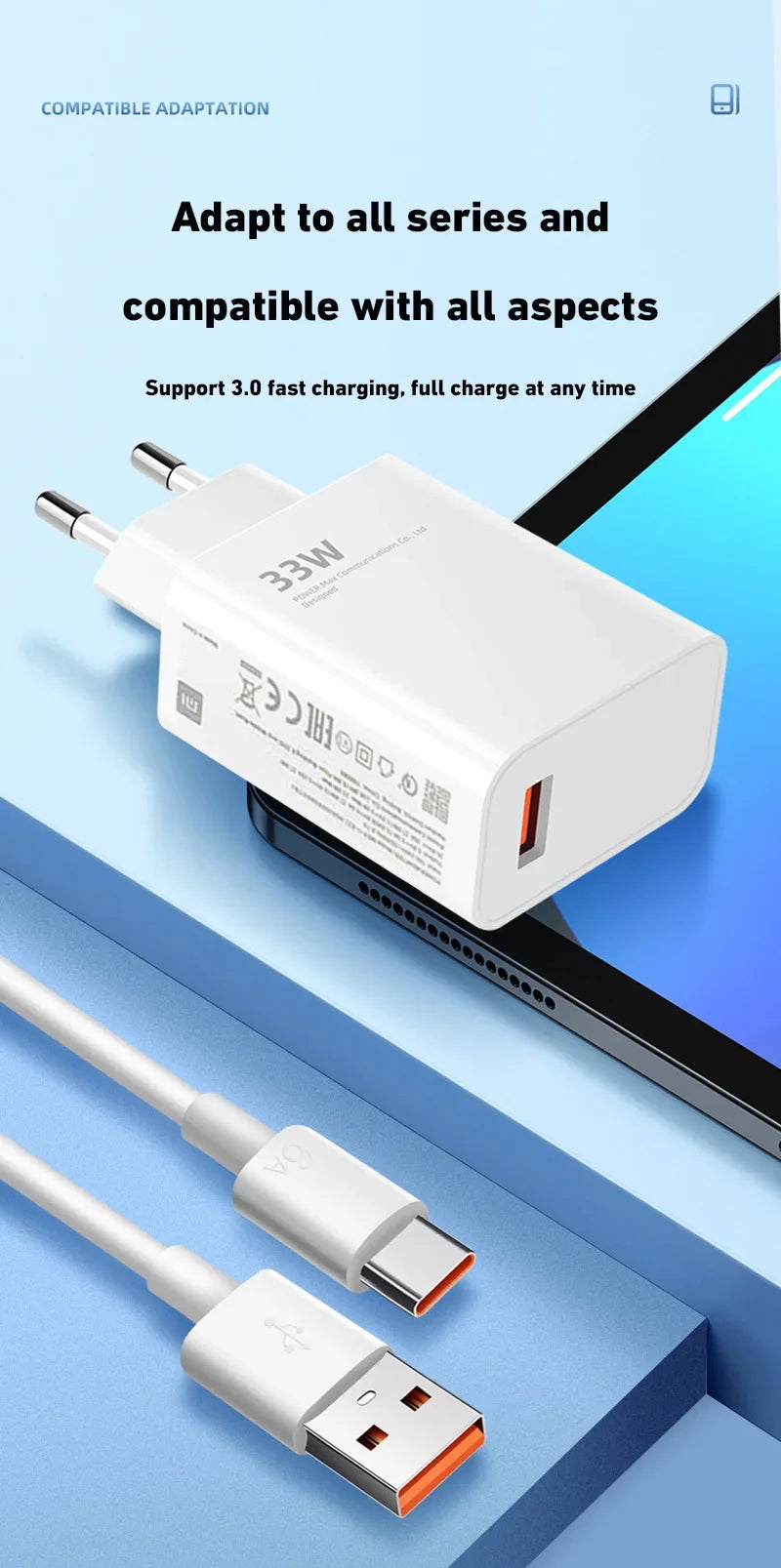 Xiaomi 120W USB Fast Charger Adapter with QC 3.0 & 6A USB-C Cable – High-Speed Charging for Xiaomi, Huawei, Samsung, and More