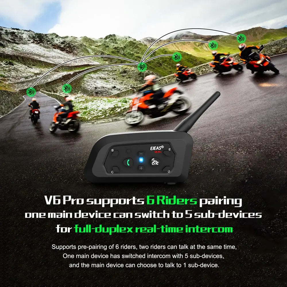 EJEAS V6 Pro Motorcycle Bluetooth Helmet Headset, 1200m Intercom for 6 Riders with 850mAh Battery