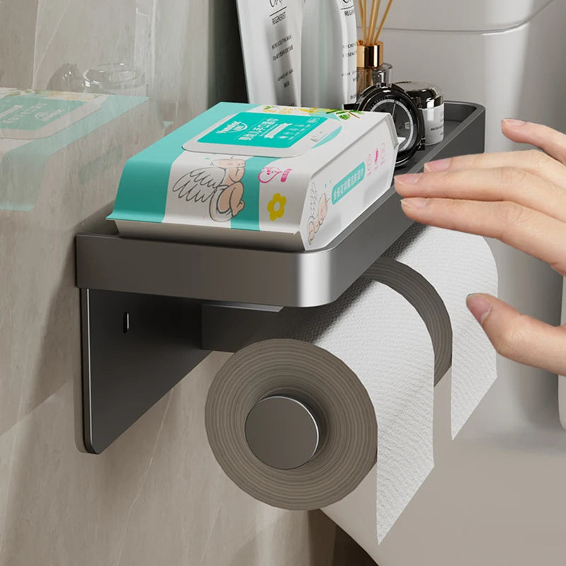 Aluminum Alloy Wall-Mounted Toilet Paper Holder with Shelf – Multi-Function Bathroom Paper & Phone Holder Towel Roll Rack