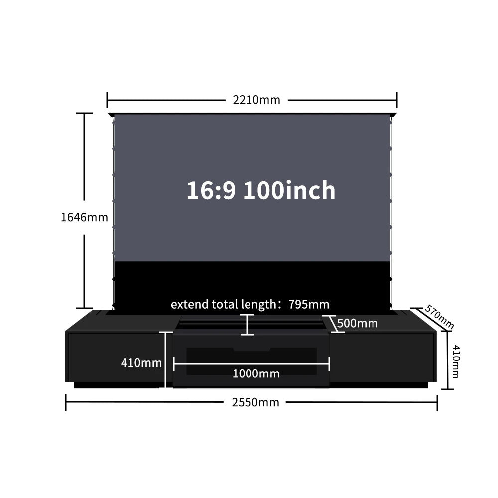 120'' Black Smart Laser TV Cabinet +UST ALR Projector Screen Motorized Floor Rising Screen for Ultra Short Throw Laser Projector