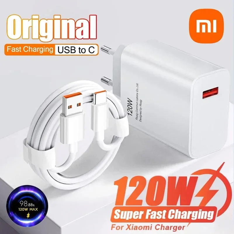 Xiaomi 120W USB Fast Charger Adapter with QC 3.0 & 6A USB-C Cable – High-Speed Charging for Xiaomi, Huawei, Samsung, and More