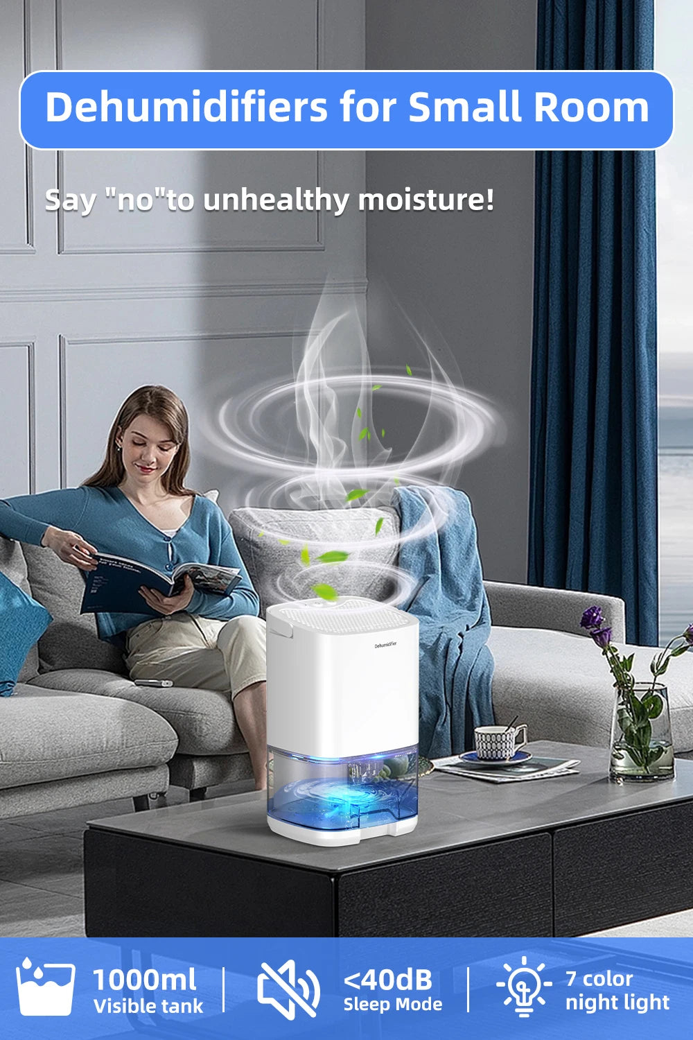 1pc 1000ml Portable Dehumidifier for Home Office and RV Eliminate Damp Mold and Moisture Easy to Use and Energy Efficient