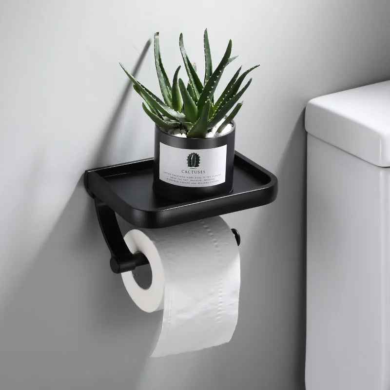Aluminum Alloy Wall-Mounted Toilet Paper Holder with Shelf – Multi-Function Bathroom Paper & Phone Holder Towel Roll Rack