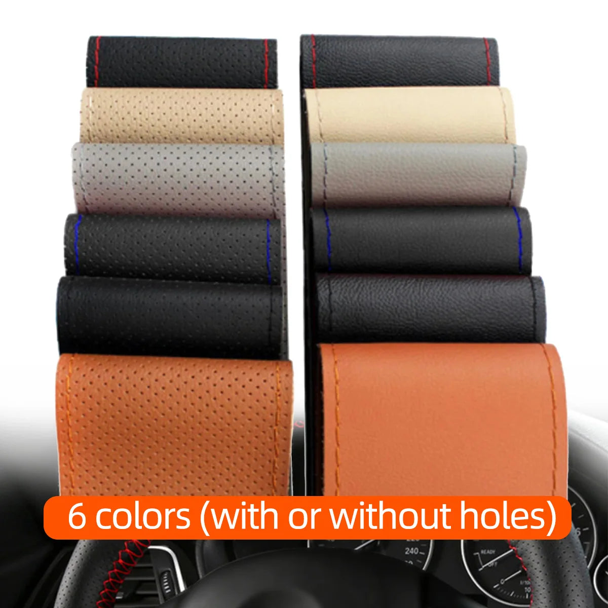 Universal Leather Car Steering Wheel Stitch On Wrap Cover Fit for 38cm 14" DIY Sewing Breathable and Anti Slip Black Grey Beige