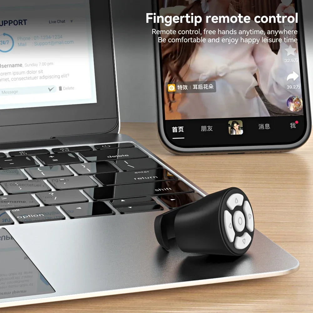 Scrolling Ring Wireless Finger Controller – Bluetooth-compatible ring for page turning, camera shutter, and media control; perfect for home, travel, or car use.
