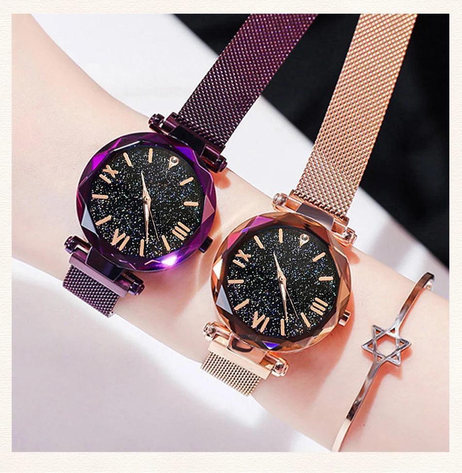 Women's Starry Sky Diamond Quartz Watch - Fashion Dress Watch with Magnetic Buckle Mesh Strap