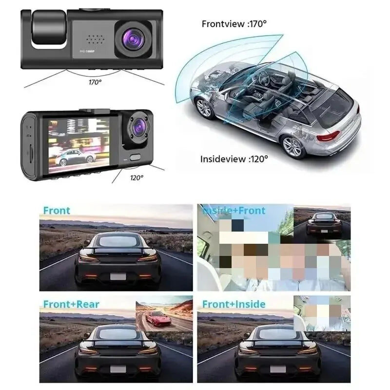 CZSKY 3-Channel 1080P HD Dash Cam with Triple Lens | Inside Vehicle DVR & Dashcam Recorder