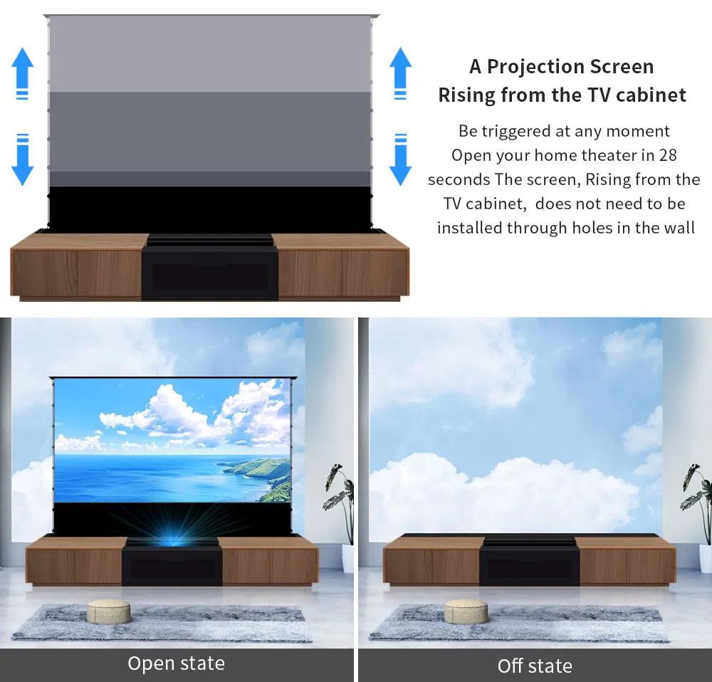 120'' Black Smart Laser TV Cabinet +UST ALR Projector Screen Motorized Floor Rising Screen for Ultra Short Throw Laser Projector