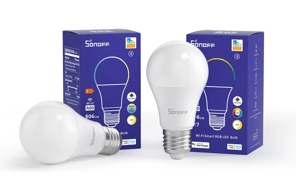 SONOFF Smart LED Bulbs (B02-B-A60/B05-BL-A60) – 9W dimmable Wi-Fi bulbs with eWeLink app control; works with Alexa and Google Home.