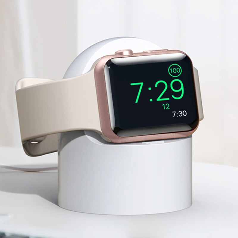 Durable Silicone Charging Stand for Apple Watch – Dock for all Apple Watch models (38–49mm); supports Nightstand Mode.