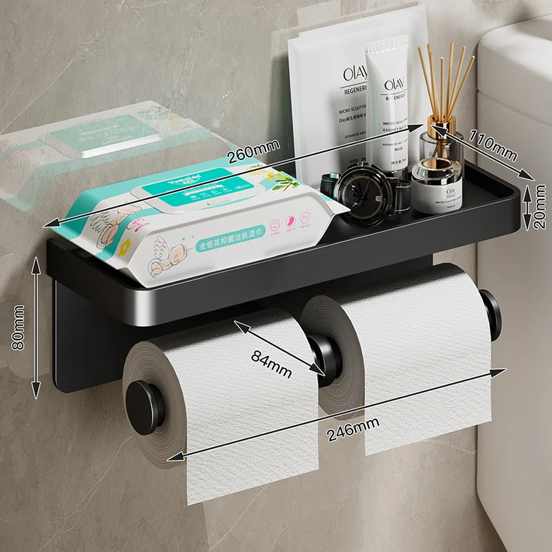 Aluminum Alloy Wall-Mounted Toilet Paper Holder with Shelf – Multi-Function Bathroom Paper & Phone Holder Towel Roll Rack