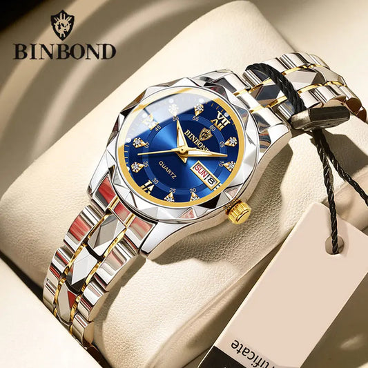 BINBOND Luxury Women's Quartz Watch - Waterproof, Luminous Date Display, Stainless Steel Fashion Wristwatch for Ladies