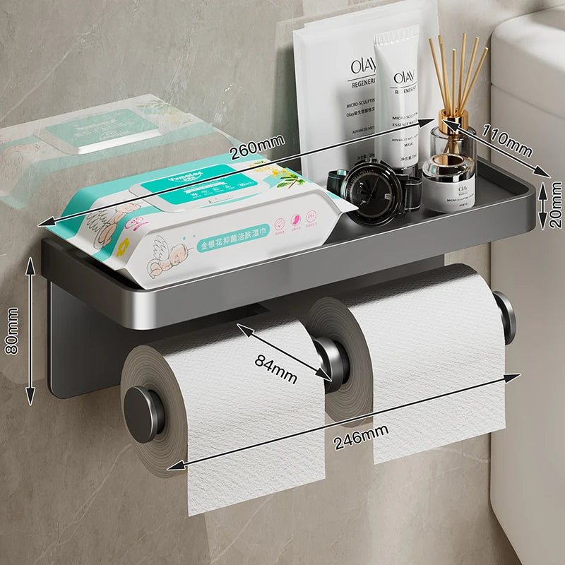 Aluminum Alloy Wall-Mounted Toilet Paper Holder with Shelf – Multi-Function Bathroom Paper & Phone Holder Towel Roll Rack