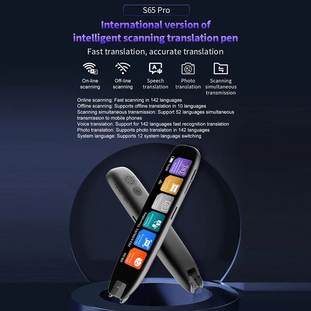 S65 Pro Smart MultifunctionTranslation Real Time Languages Translator Business Dictionary Pen Voice Scan Translator Pen
