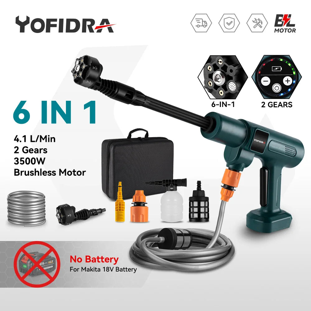 Yofidra 6-in-1 200Bar Cordless Brushless High-Pressure Washer, Rechargeable Foam Generator, Compatible with Makita 18V Battery for Home & Garden Use