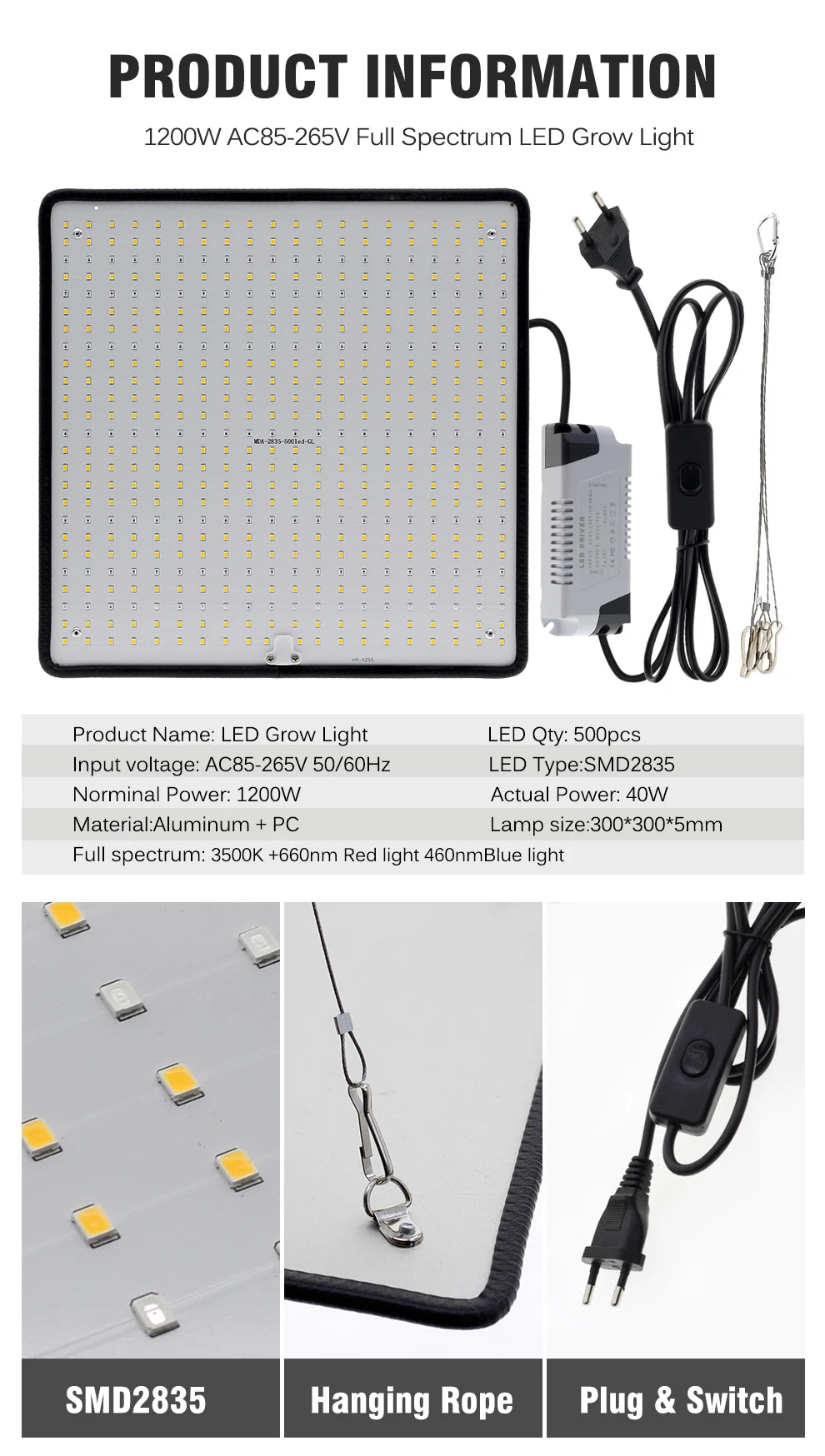 TRANYTON 40W LED Grow Light Full Spectrum, Phyto Lamp for Indoor Plants, AC85-240V for Grow Tent & Hydroponics