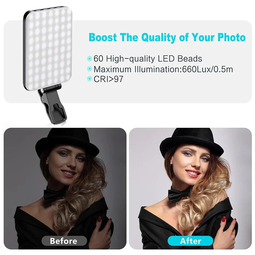 LED Selfie Light with 60 High-Quality Beads – 2200mAh Rechargeable, CRI 97+, 7 Light Modes, Portable Clip-On for Phone, Tablet, Laptop