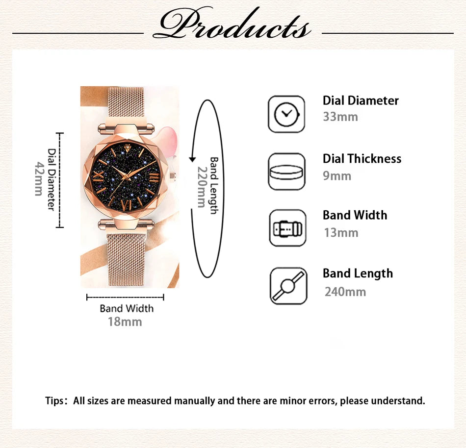 Women's Starry Sky Diamond Quartz Watch - Fashion Dress Watch with Magnetic Buckle Mesh Strap