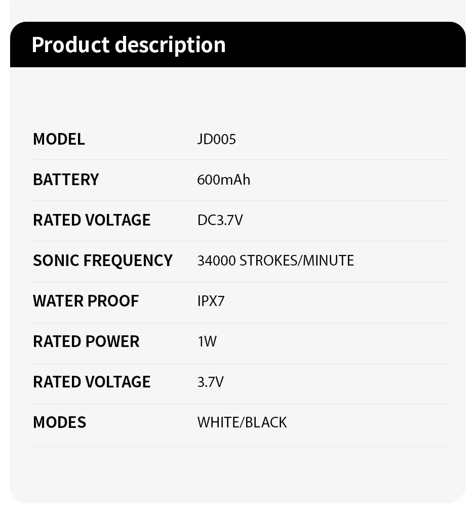 Jianpai Acoustic Electric Toothbrush - Classic Black & White, 5-Gear Modes, USB Rechargeable, IPX7 Waterproof