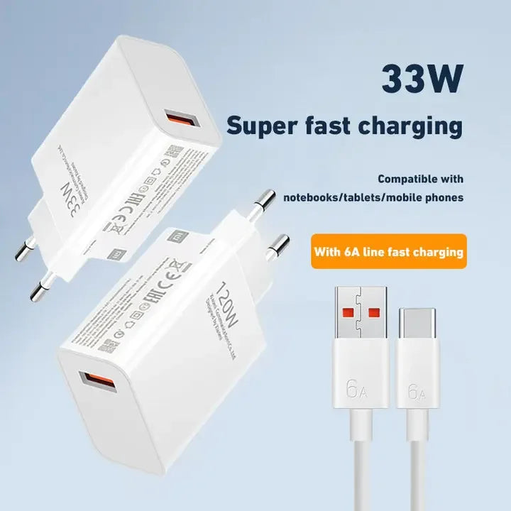 Xiaomi 120W USB Fast Charger Adapter with QC 3.0 & 6A USB-C Cable – High-Speed Charging for Xiaomi, Huawei, Samsung, and More