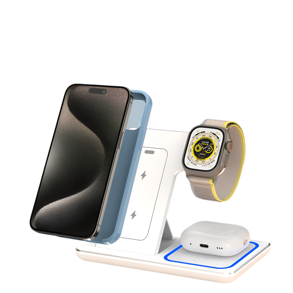 VIKEFON 30W 3-in-1 Fast Wireless Charging Station – Foldable Stand for iPhone 15/14/13/12/11, Apple Watch 9/8/7/6/5, and AirPods Pro