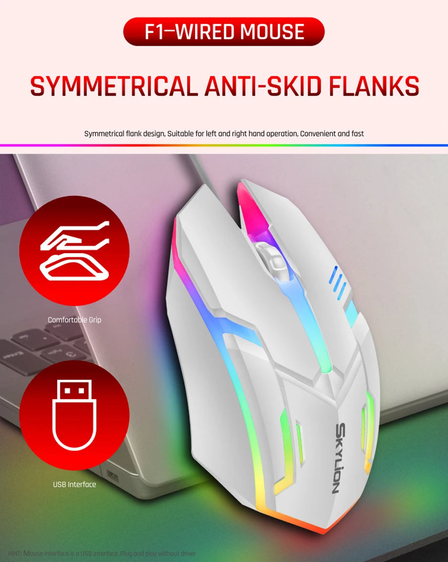 SKYLION F1 Wired 3-Button Mouse with Colorful Lighting | Gaming & Office Compatible with Windows & macOS