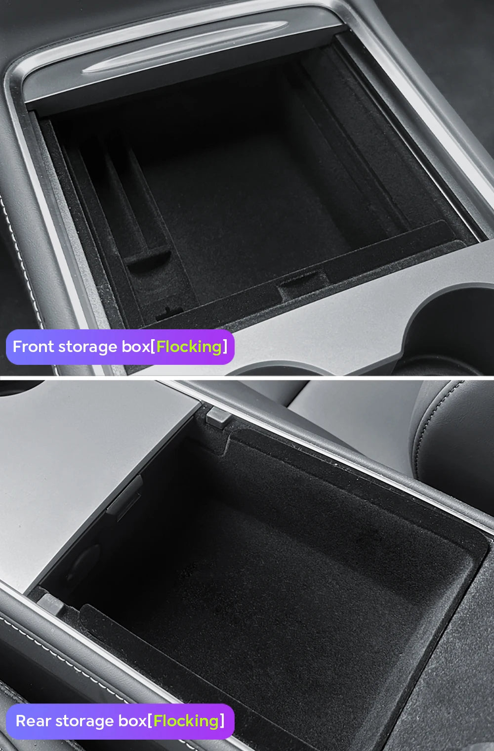 TESY Hidden Storage Box for Tesla Model Y | Flocked Center Console Organizer with Sliding Layers for Front & Rear Armrest