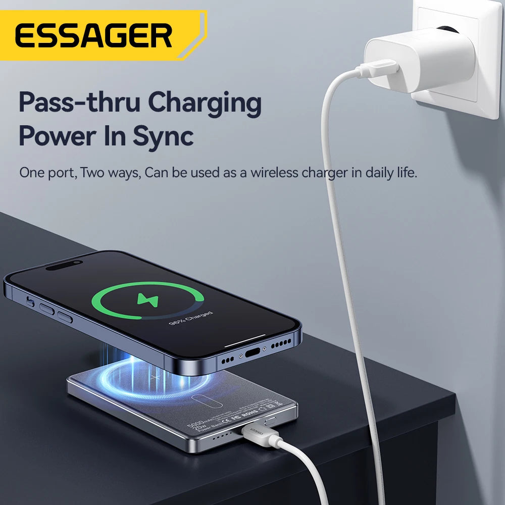 Essager Thin Wireless Magnetic Power Bank – 20W 5000mAh Portable Fast Charging External Battery for MagSafe, Compatible with iPhone 15, 14, 13, 12