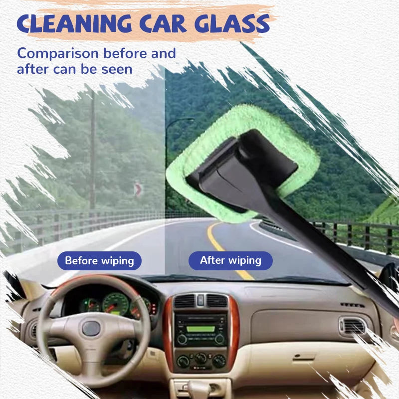 Window Cleaner Brush Kit with Long Handle - Microfiber Windshield Cleaning Tool for Car Interior Detailing and Home Use