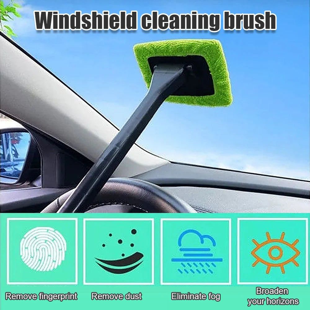 Window Cleaner Brush Kit with Long Handle - Microfiber Windshield Cleaning Tool for Car Interior Detailing and Home Use