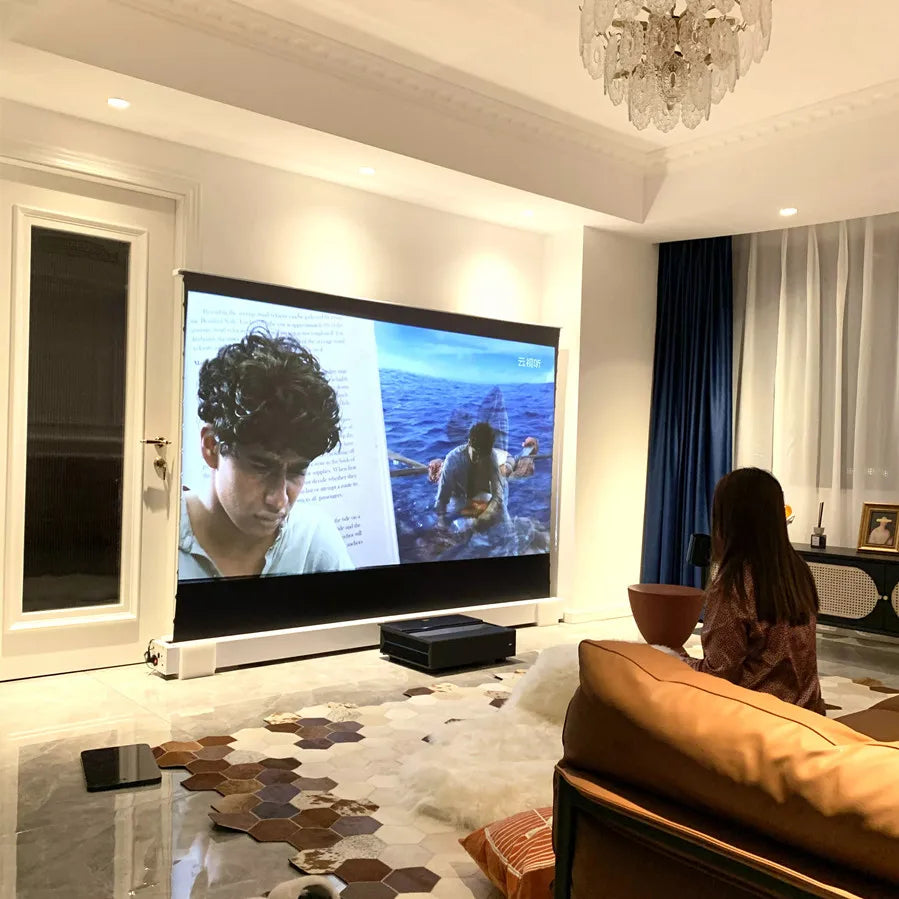 120 inch Laser TV ALR Projector Screen Motorized Floor Rising PET Crystal UST ALR Projection Screen For 4K Ultra Short Projector