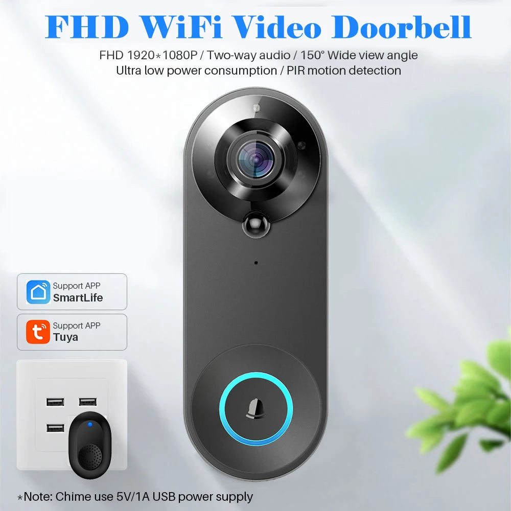 HunterTBK 1080P Wireless Video Doorbell - WiFi Smart Intercom with Camera, Tuya Smart Home, PIR Motion Detection, Security Protection