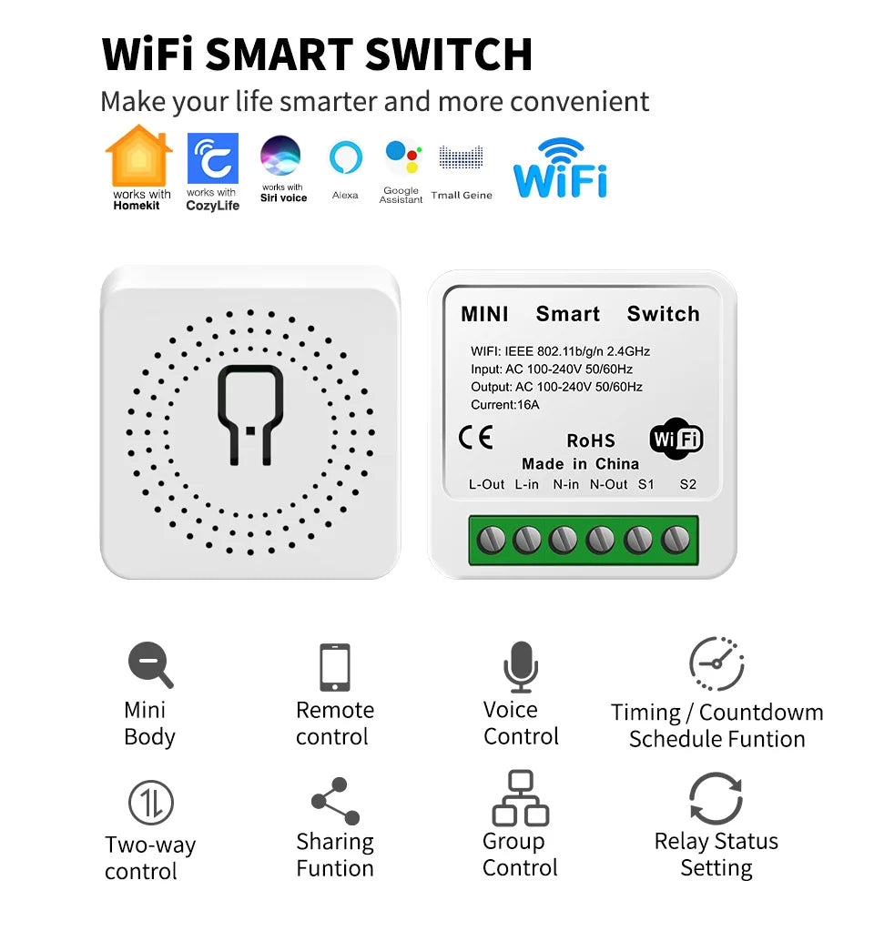 Custom Mini Smart Switch | Cozylife & Apple HomeKit Compatible | WiFi App Controlled Dark Box Circuit Breaker | Smart Home Autom