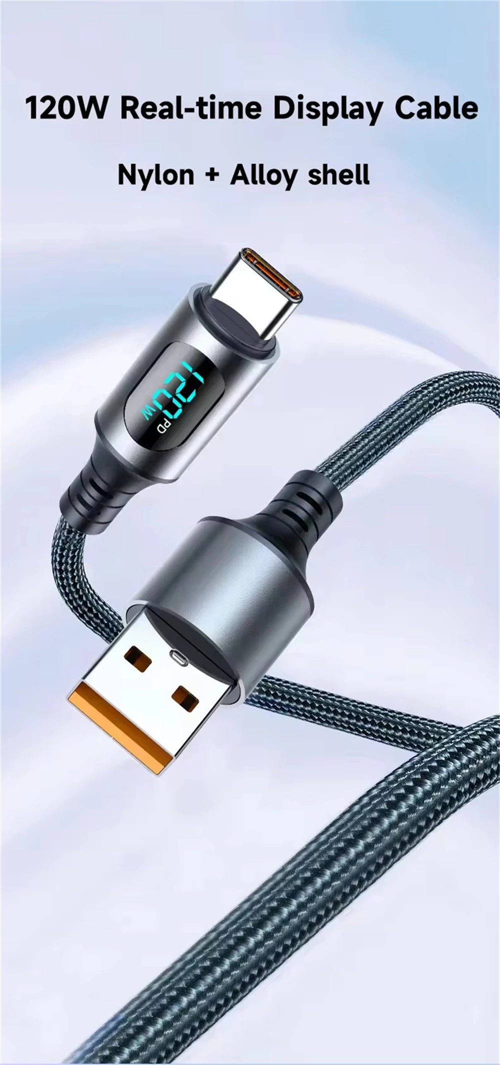 NNBILI 120W 6A Super Fast Charging USB-C Cable with LED Display | Type-C Charger for Xiaomi, Huawei, Samsung – 1M/2M Data Cord