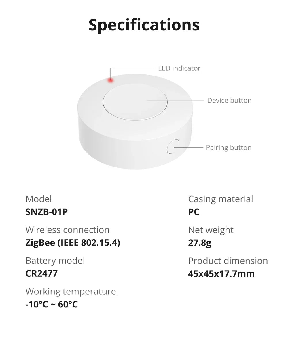 SONOFF SNZB-01P Smart Scene Button – Zigbee wireless button for eWeLink app, Alexa, and Home Assistant.