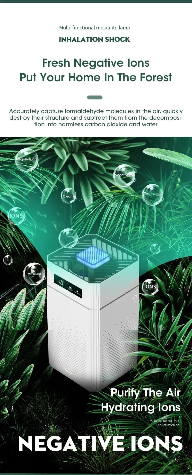 Air Purifier Smoke Odor Negative Ion Generator Air Cleaner for Household HEPA Filter Efficient Purifying Air Smart Formaldehyde