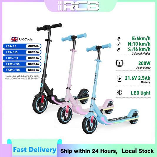 RCB Electric Scooter for Kids - 150W Motor, 9.3mph Max Speed, LED Display, Bluetooth Speaker, Foldable Design, Colorful LED Lights