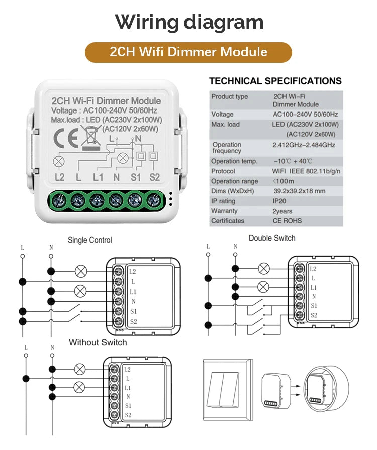 DIY  Wifi Smart Dimmer Switch Module Tuya/Smartlife APP Remote Control Two Way Compatible with Alexa Google Home Voice Control