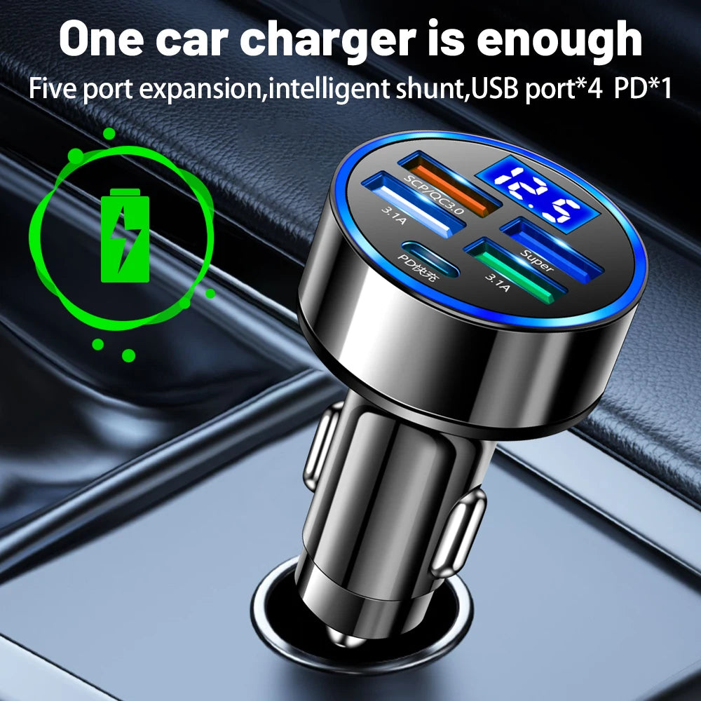 Vumpach 250W 5-Port Fast Charging Car Charger | PD & QC3.0 USB-C Adapter for iPhone, Samsung, Huawei, Xiaomi