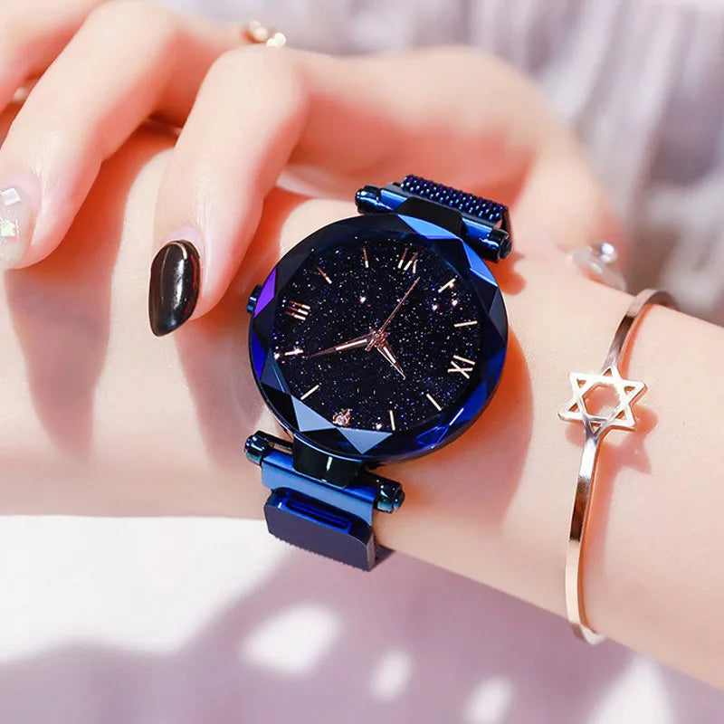 Women's Starry Sky Diamond Quartz Watch - Fashion Dress Watch with Magnetic Buckle Mesh Strap