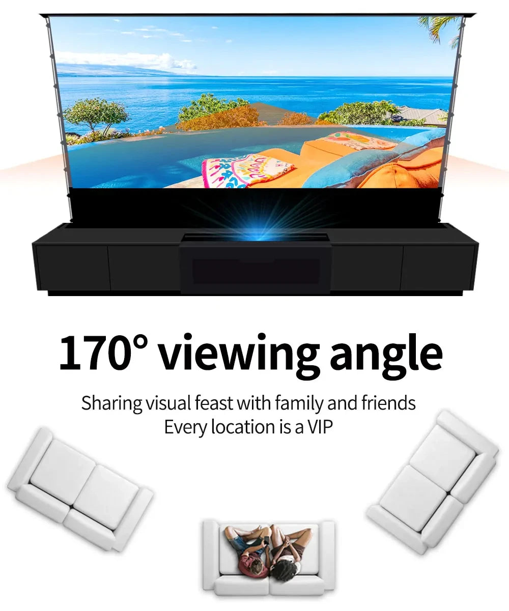 120'' Black Smart Laser TV Cabinet +UST ALR Projector Screen Motorized Floor Rising Screen for Ultra Short Throw Laser Projector
