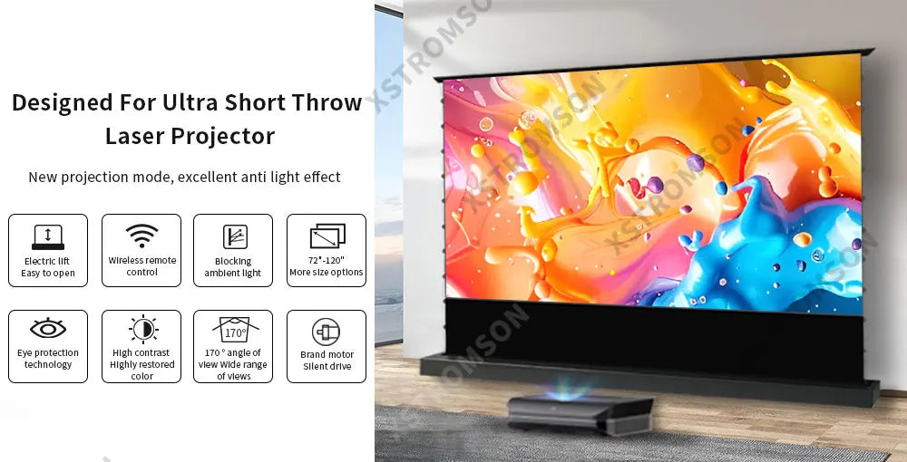 120 inch Laser TV ALR Projector Screen Motorized Floor Rising PET Crystal UST ALR Projection Screen For 4K Ultra Short Projector