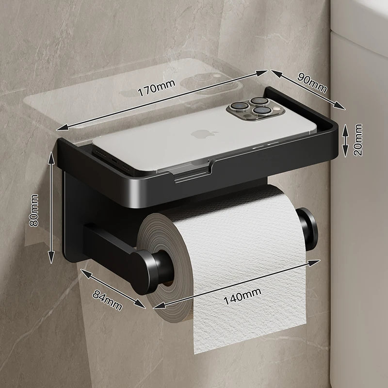 Aluminum Alloy Wall-Mounted Toilet Paper Holder with Shelf – Multi-Function Bathroom Paper & Phone Holder Towel Roll Rack