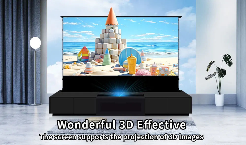 120'' Black Smart Laser TV Cabinet +UST ALR Projector Screen Motorized Floor Rising Screen for Ultra Short Throw Laser Projector