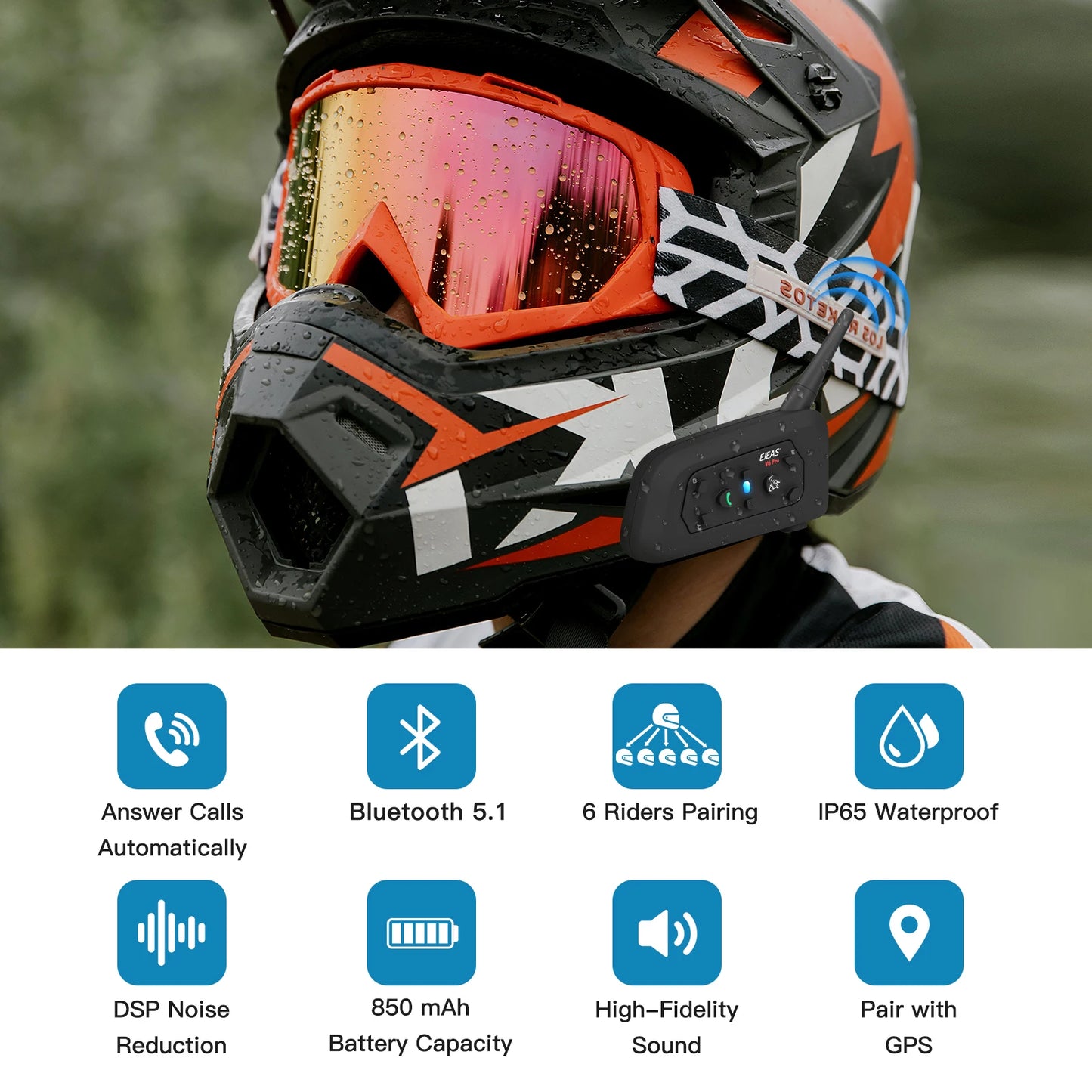 EJEAS V6 Pro Motorcycle Bluetooth Helmet Headset, 1200m Intercom for 6 Riders with 850mAh Battery