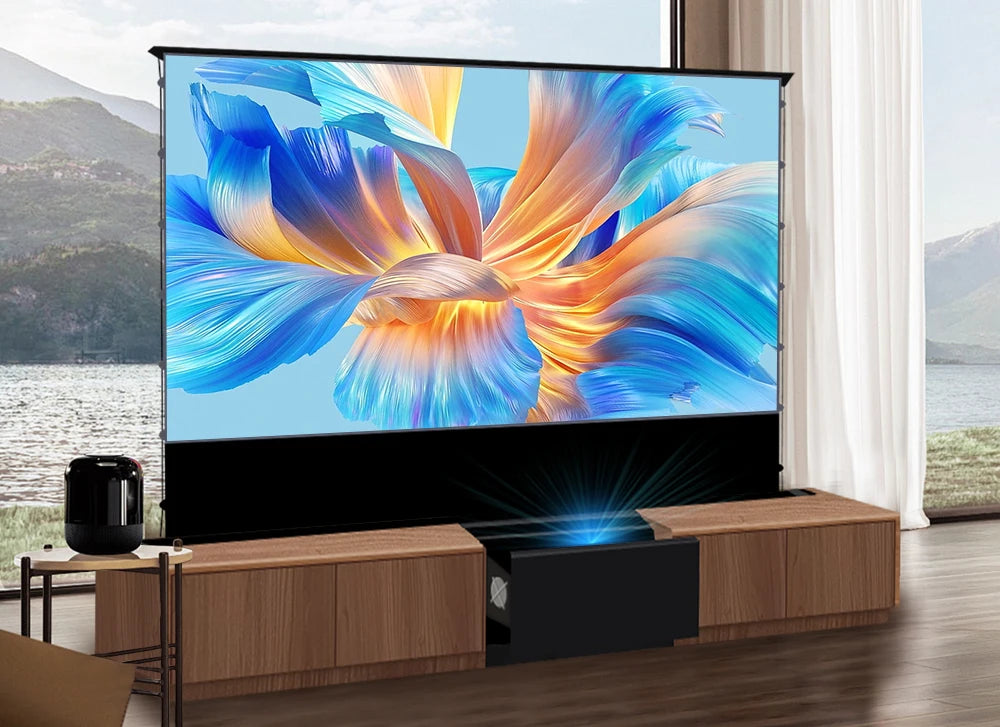120'' Black Smart Laser TV Cabinet +UST ALR Projector Screen Motorized Floor Rising Screen for Ultra Short Throw Laser Projector