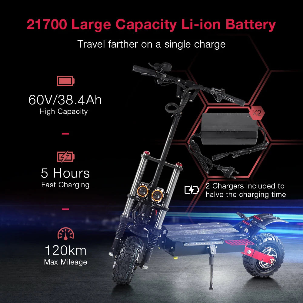 S3 Off-Road Electric Scooter for Adults - 6000W Dual Motor, 60V Battery, 120KM Range, 400kg Max Load with Hydraulic Brakes