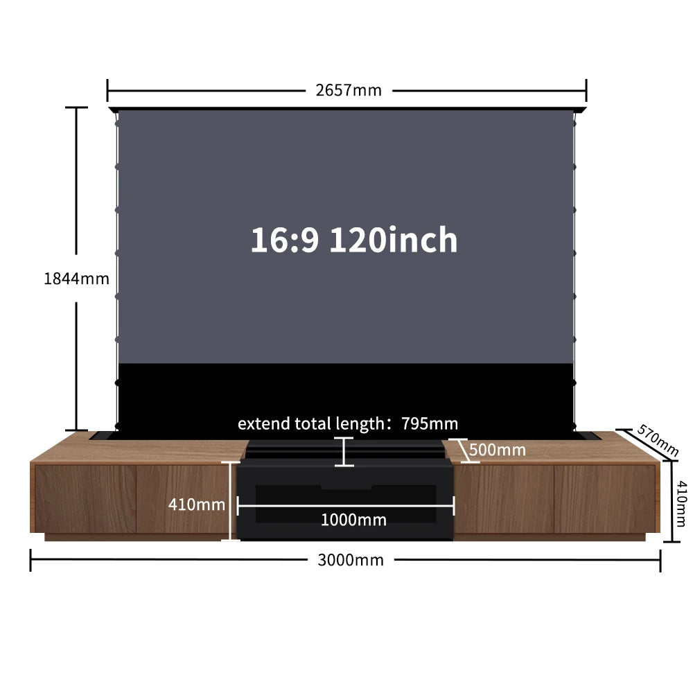 120'' Black Smart Laser TV Cabinet +UST ALR Projector Screen Motorized Floor Rising Screen for Ultra Short Throw Laser Projector