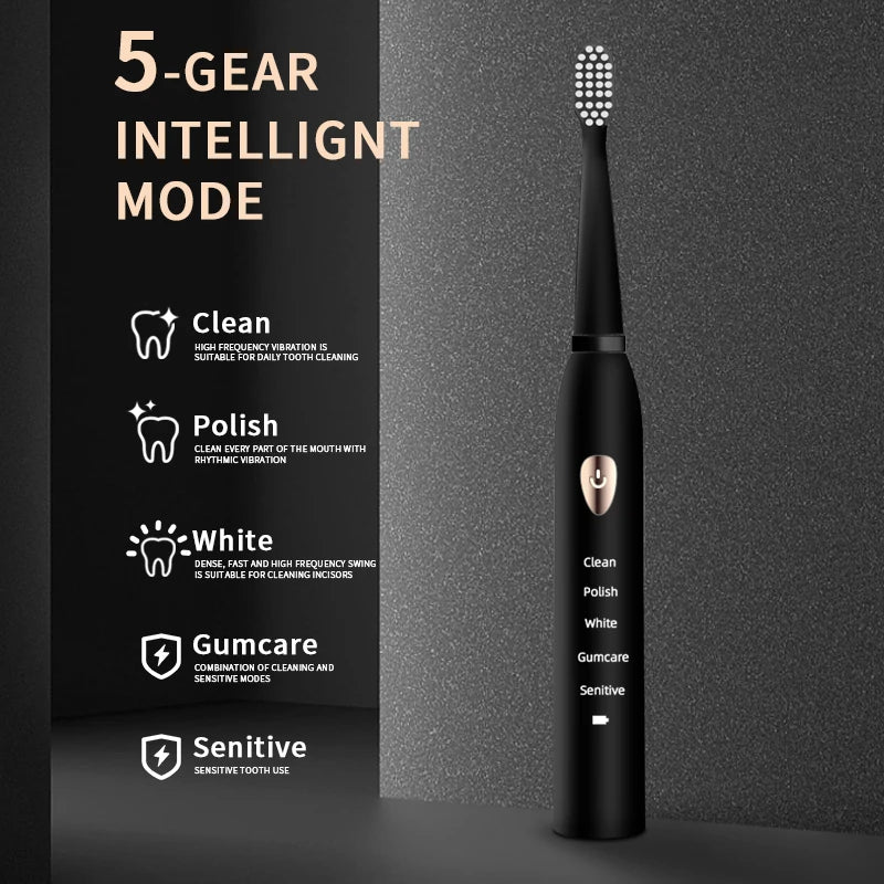 Jianpai Acoustic Electric Toothbrush - Classic Black & White, 5-Gear Modes, USB Rechargeable, IPX7 Waterproof